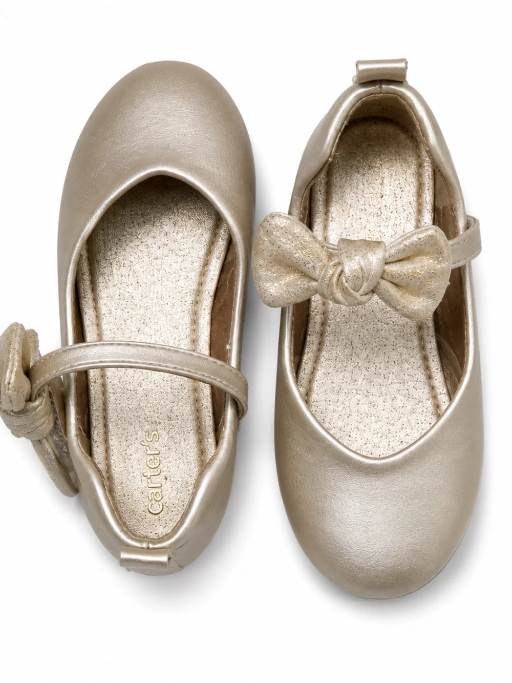 Girls Gold Mary Jane Flats Size 9 Bow Strap Dress Shoes Metallic Ballet Flats